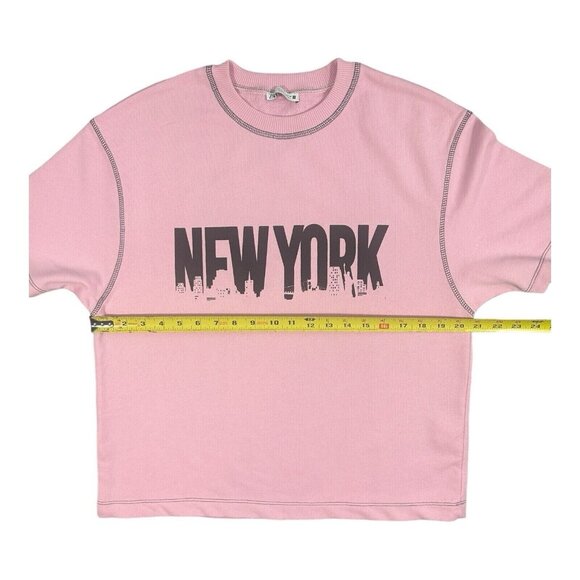 Zara Barbie Pink New York Graphic Sweatshirt Short Sleeve Contrast Stitching S - Picture 4 of 7